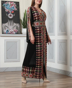 Black And Colorful Embroidery Chiffon Open Abaya Kaftan Maxi Dress Long Split Sleeve