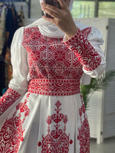 Royal White Dress with Unique Red Embroidery and Long Tail