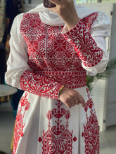 Royal White Dress with Unique Red Embroidery and Long Tail