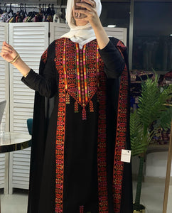 Stylish Black and Red Palestinian Embroidered Abaya Chiffon Dress with Back Layer