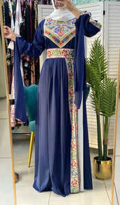 Gorgeous Navy Satin Dress With Colorful Embroidery and Slit Sleeves
