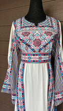 Full of Details White and Blue Palestinian Embroidered Thobe Dress with Kashmir Details