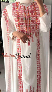 Stylish White and Red Palestinian Embroidered Abaya Chiffon Dress with Back Layer