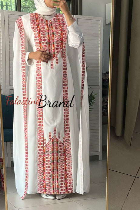 Stylish White and Red Palestinian Embroidered Abaya Chiffon Dress with Back Layer