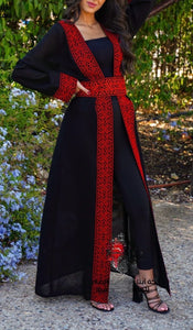 Stylish Long Black And Red  Embroidered Abaya