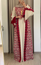 Rahaf Most Elegant Beige and Red Embroidered Thob with Satin and Manajil Details