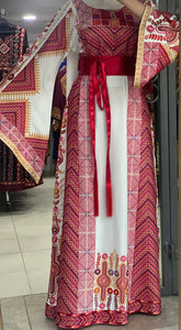 Very Elegant Wide Sleeves White and Red Embroidered Thob with Golden and Malak Details and Head Scarf