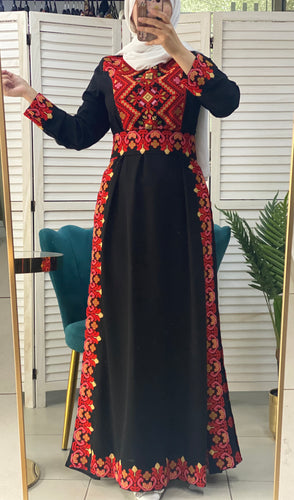 Cute Black and Red Embroidered Dress with Side Flowers Details