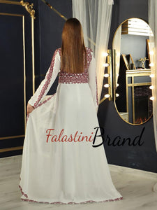 Amazing Palestinian White Embroidered Jumpsuit With Back Skirt