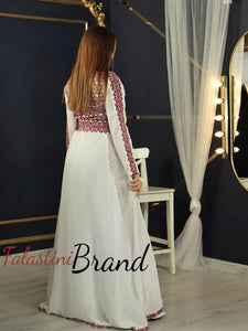 Amazing Palestinian White Embroidered Jumpsuit With Back Skirt