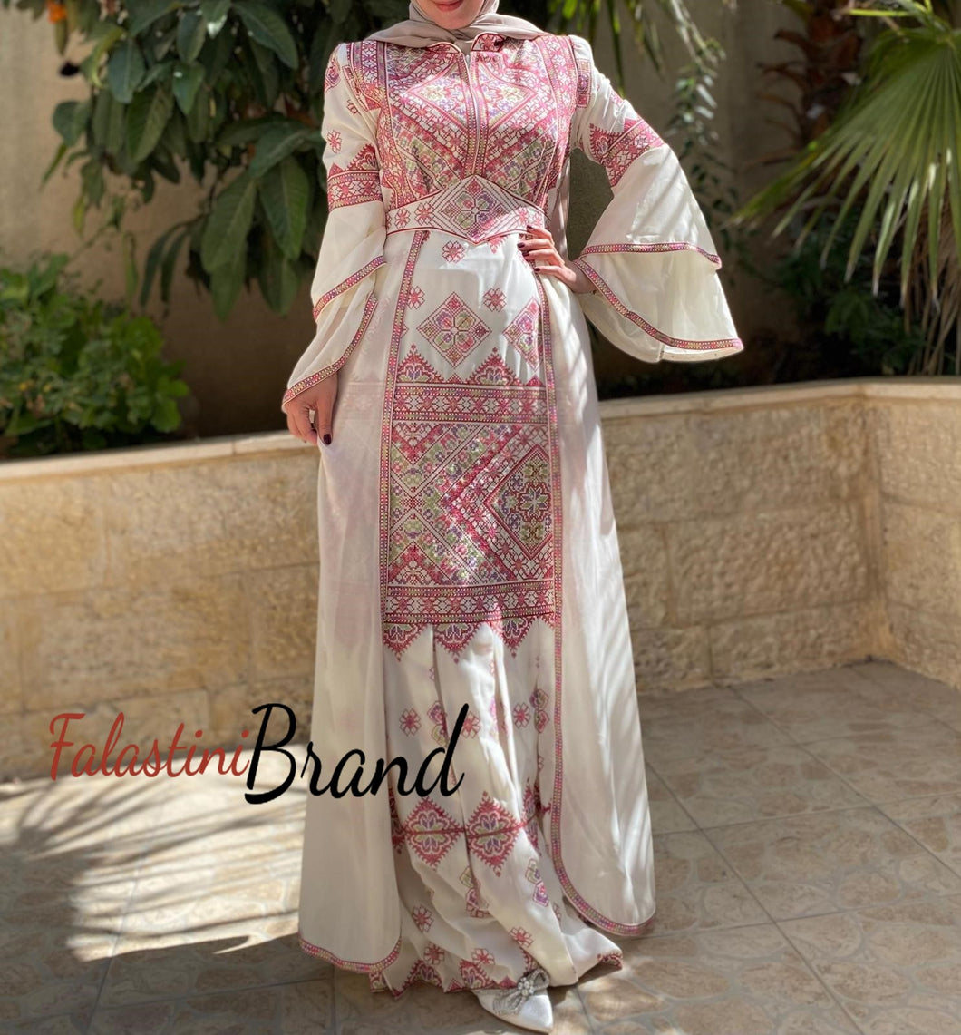 Stylish Mermaid White Palestinian Embroidered Dress with Skirt Side Details