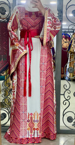 Very Elegant Wide Sleeves White and Red Embroidered Thob with Golden and Malak Details and Head Scarf