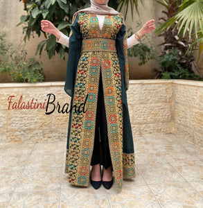 Green Georgette Embroidered Open Abaya Kaftan Maxi Dress Long Split Sleeve