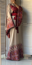Very Unique Radan Sleeves Beige and Burgundy Thobe with Dense Embroidery and Satin Details