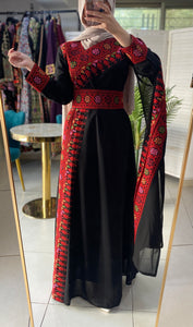 Elegant Black and Red Shoulder Details Embroidered Dress with colorful flowers