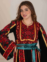 Unique Golden Lines Black And Red Palestinian Embroidered Thobe with Tasseled Satin Belt