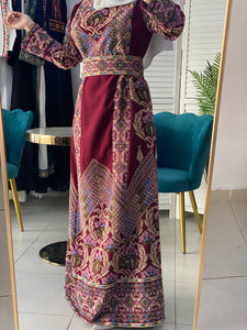 Full of Details Palestinian Embroidered Burgundy Thobe Dress Palestinian Embroidery with Rhinestones