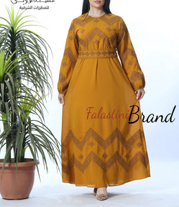 Stylish Mustard Thobe Embroidered Palestinian Dress