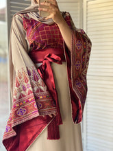 Very Unique Radan Sleeves Beige and Burgundy Thobe with Dense Embroidery and Satin Details