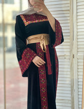 Black Velvet Thob Dress with Red Embroidery and Golden Satin Belt