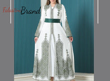 White and Green Palestinian Embroidered Kaftan Dress