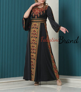 Gorgeous Black Satin Dress With Golden Embroidery