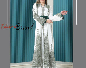 White and Green Palestinian Embroidered Kaftan Dress