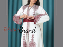 White and Red Palestinian Embroidered Kaftan Dress