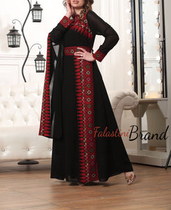 Elegant Black and Red Shoulder Details Embroidered Dress