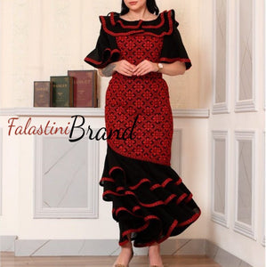 Spanion Style Black and Red Amazing Palestinian Embroidered Long Dress
