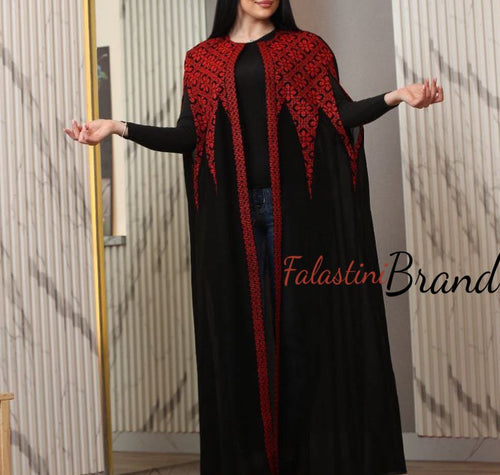 Stylish Long Black and Red Palestinian Embroidered Bisht