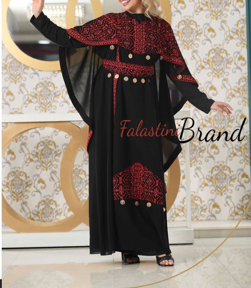 Stylish Black and Red Palestinian Embroidered Dress With Coins