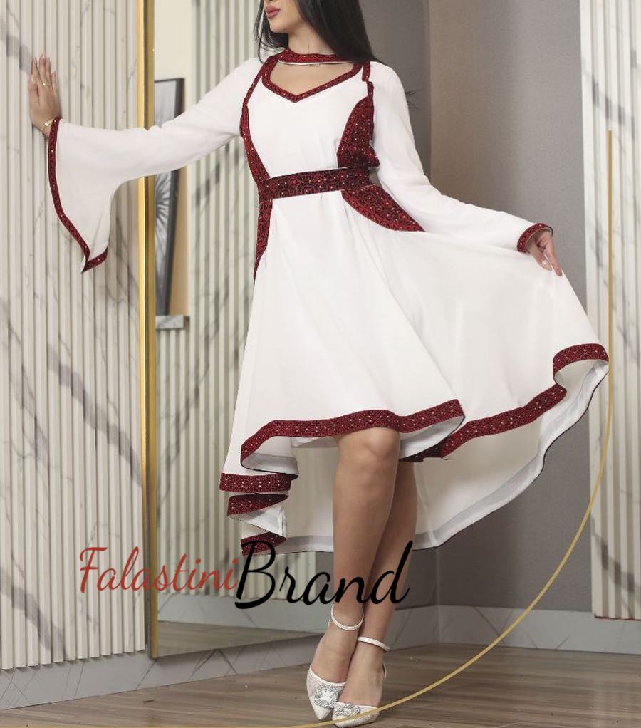 White and Red Palestinian Embroidered Short Dress