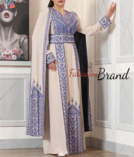 Stunning Off White And Blue Royal Sleeve Palestinian Embroidered Dress