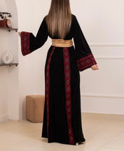 Black Velvet Thob Dress with Red Embroidery and Golden Satin Belt