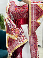 Very Elegant Wide Sleeves White and Red Embroidered Thob with Golden and Malak Details and Head Scarf