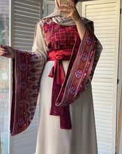 Very Unique Radan Sleeves Beige and Burgundy Thobe with Dense Embroidery and Satin Details