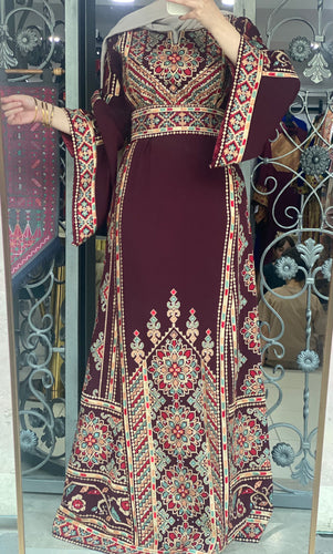 Magnificent Full of Details Burgundy Thob with Golden Embroidery