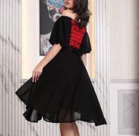 Black and Red Off-Shoulder Palestinian Embroidered Short Dress