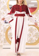 Stylish White and Red Palestinian Embroidered Dress With Coins