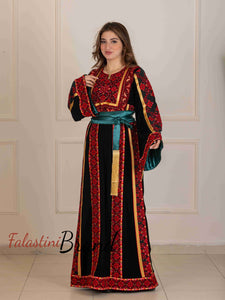 Unique Golden Lines Black And Red Palestinian Embroidered Thobe with Tasseled Satin Belt