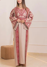 Rawnaq Beige With Red Dress and Abaya Set with Palestinian Embroidery