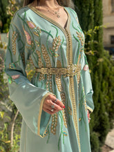 Elegant Handmade Belted Light Green Satin Caftan