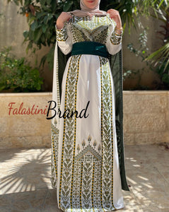 Stunning White And Olive Green Royal Sleeve Palestinian Embroidered Dress