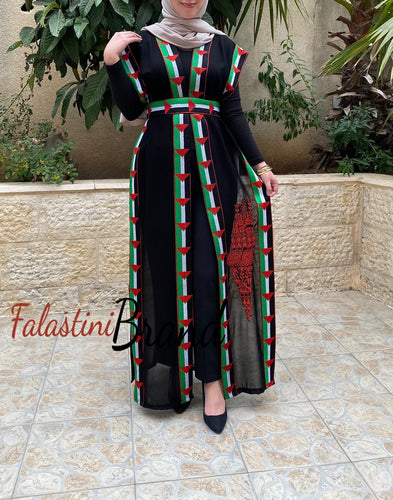 Palestinian Flag Lite Georgette Embroidered Long Vest Abaya