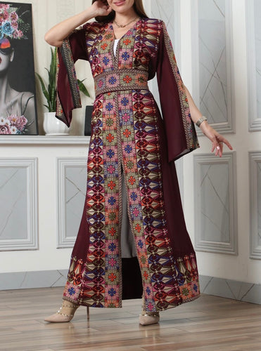 Burgundy And Colorful Embroidery Chiffon Open Abaya Kaftan Maxi Dress Long Split Sleeve
