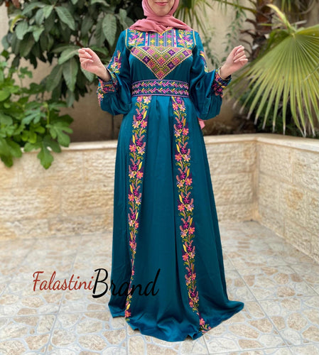 Turquoise Satin Flowy Thob Dress With Colored Nol Gorgeous Embroidery