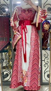 Very Elegant Wide Sleeves White and Red Embroidered Thob with Golden and Malak Details and Head Scarf