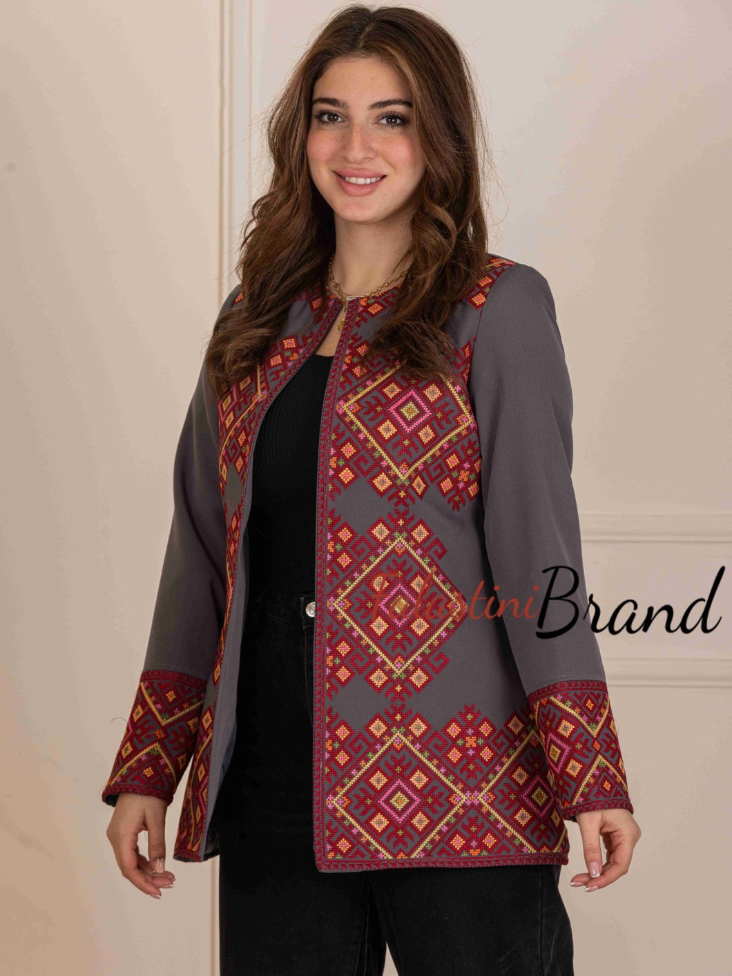 Palestinian Grey and Burgundy Diamond Embroidered Jacke