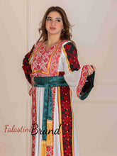 Unique Golden Lines White And Red Palestinian Embroidered Thobe with Tasseled Satin Belt